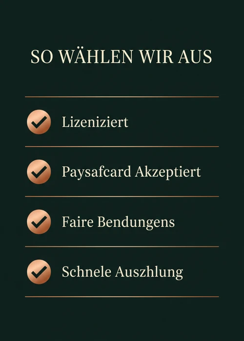 So wählen wir die Paysafecard Casinos aus — lizenziert, Paysafecard akzeptiert, faire Bedingungen und schnelle Auszahlung.