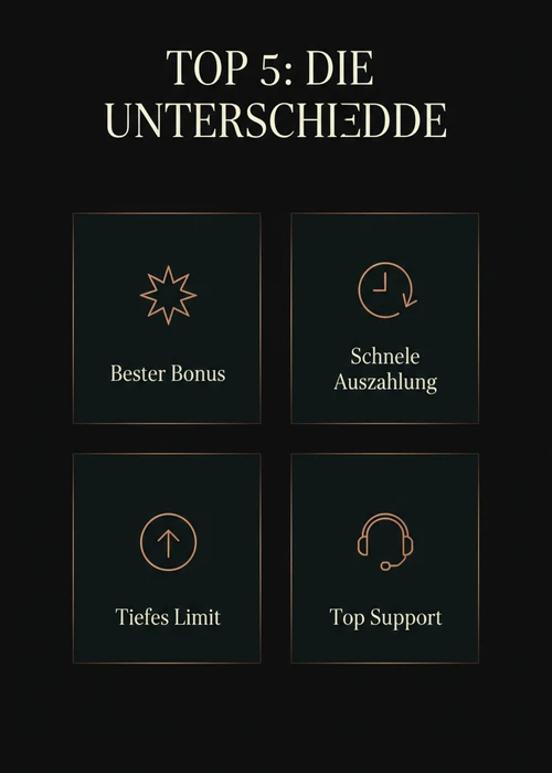 Was die Top 5 Paysafecard Casinos unterscheidet — bester Bonus, schnelle Auszahlung, tiefes Limit und Top Support.