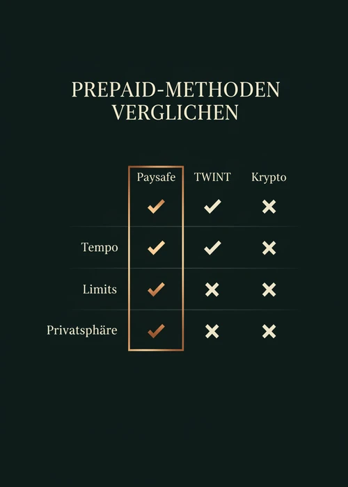 Prepaid-Methoden im Vergleich beim besten Paysafecard Casino — Paysafe, Karte, TWINT und Krypto nach Tempo, Limits und Privatsphäre.