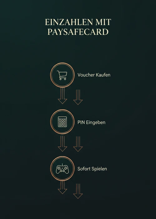 Einzahlen mit Paysafecard beim Casino — Voucher kaufen, PIN eingeben und sofort spielen als Prozessfluss.