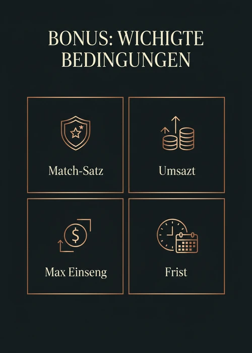 Bonus wichtige Bedingungen beim Paysafecard Casino — Match-Satz, Umsatz, Max Einsatz und Frist als Kacheln.